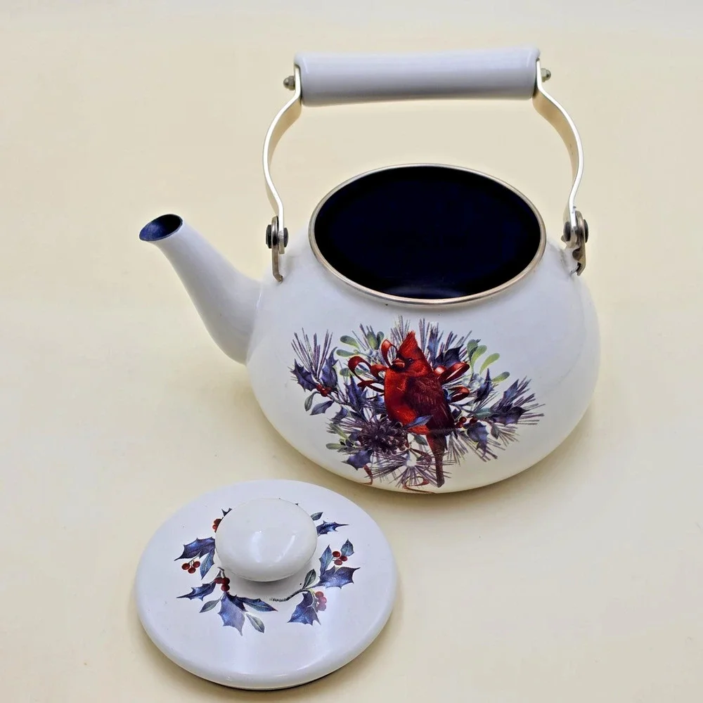 Lenox Winter Greetings Cardinal Enamel Tea Kettle 2.5 Qt Catherine McClung *RUST